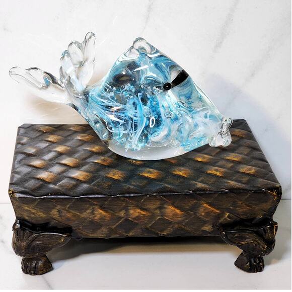 Clear Glass Fish Figurine with Blue Ribbon Swirls Bubbles - Ocean-Inspired Decor - Picture 3 of 8